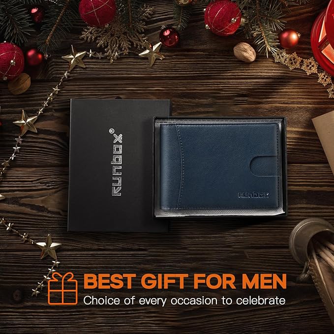 RUNBOX Slim Wallet for Men Genuine Leather RFID Blocking Bifold Minimalist Front Pocket Mens Wallet with Money Clip Thin Gift Box