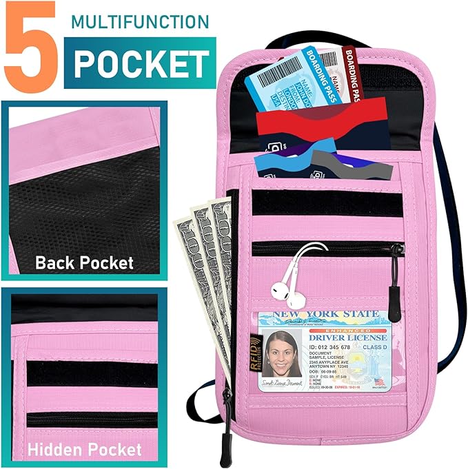 Travel Neck Wallet & RFID Blocking Sleeves for Men and Women, Neck Money Pouch Anti Theft Travel Document Organizer with Adjustable Strap - Pink