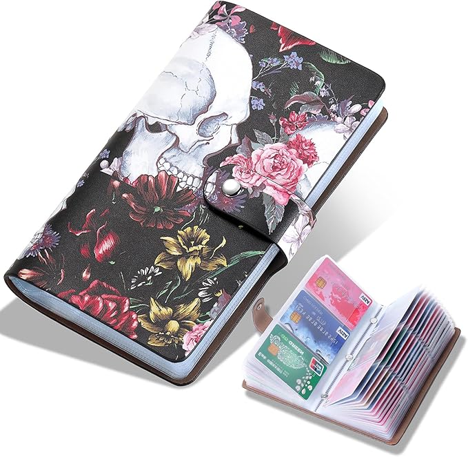 RFID Credit Card Holder, Leather Business Card Organizer with 96 Card Slots, Credit Card Case for Managing Your Different Cards and Important Documents to Prevent Loss or Damage (Skeleton Flower)