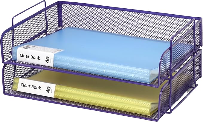 EASEPRES 2 Pack Stackable Desk Paper Tray, Metal Mesh Desktop Document Letter File Organizer for Office Home School, 13.5'' L x 9.75'' W x 5.5'' H, Purple