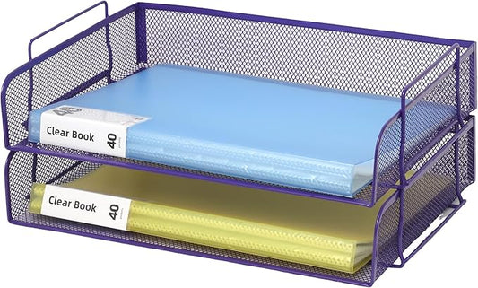 EASEPRES 2 Pack Stackable Desk Paper Tray, Metal Mesh Desktop Document Letter File Organizer for Office Home School, 13.5'' L x 9.75'' W x 5.5'' H, Purple