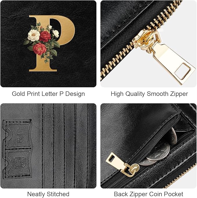 Passport Holder for Travel Wallet Women Zipper Wallets Personalized Passport Holder Cover Initial Letter Rose Flower Passport Book Holders RFID Blocking Credit Card Holder, P