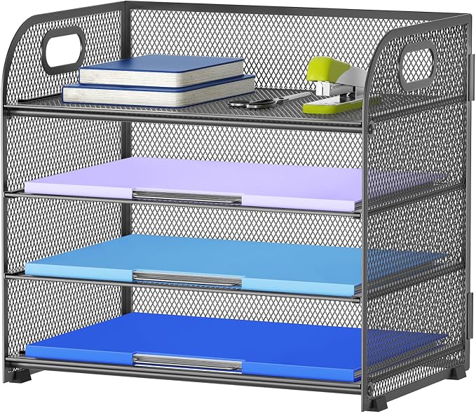 Marbrasse 4 Tier Paper Organizer Letter Tray - Mesh Desk File Organizer with Handle, Paper Sorter Organizer for Letter Office File Folder Holder (Grey, 12.6" x 9.1" x 10.7")