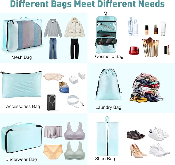 Toncoke 8-Piece Packing Cubes for Travel, 2026 Upgraded Durable Zippers & Reinforced Mesh, Complete Luggage Organizer Set with Shoe/Toiletry/Laundry Bags, 4 Sizes for Suitcase, Men Women, Lake Blue