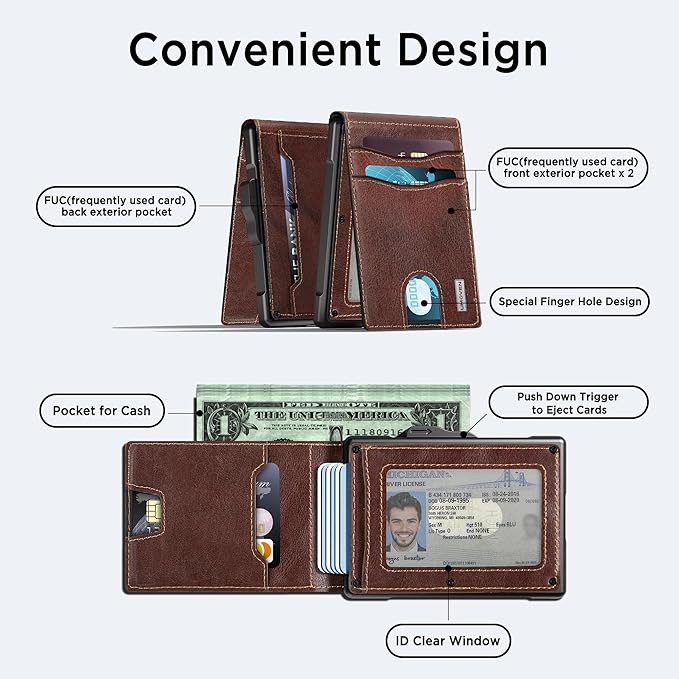 umoven Wallet for Men - Pop Up Case, Cash Slot, and Credit Card Slot - Slim Aluminum Wallet with RFID Blocking, Minimalist Leather Wallet Front Pocket with ID Window (Brown Red)