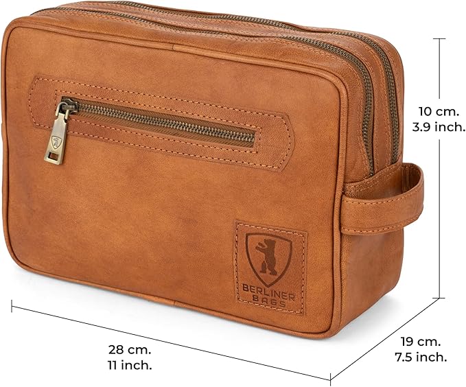 BERLINER BAGS Vintage Genuine Leather Toiletry Bag Paul, Two Zippered Compartments, Large Capacity Cosmetics Bag for Men and Women for Travel - Brown (2 Compartments)