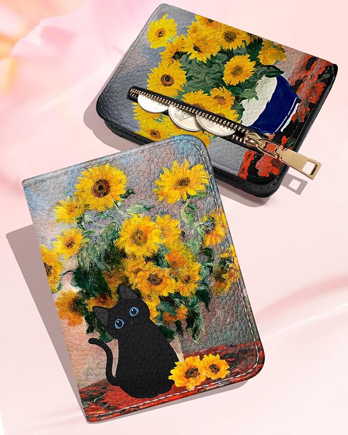 Bistup Credit Card Holder Wallet for Women Cute Leather Ladies Teen Girls Female Cardholder Wallets Accordion Purse Small Medium Aesthetic Print Sunflower Cat Modern Design Rfid Zipper Around