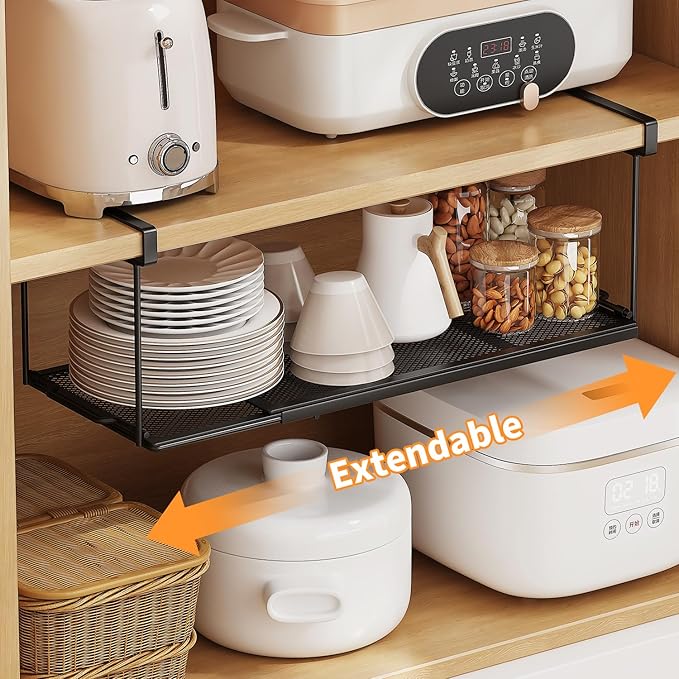 2 Pack Expandable Under Cabinet Shelf, Under Shelf Storage with 0.94 Inches Thick Clips for Kitchen Cupboard, Metal Hanging Under Desk Basket for Laundry Room, Shoe Rack