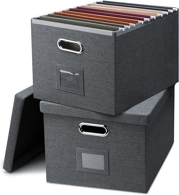 Graciadeco File Organizer, Collapsible Storage Filling Box with Lid for Letter Legal Size Hanging Folders Decorative Linen File Folder Box Document Storage Filing Bin, Dark Gray 2 Pack