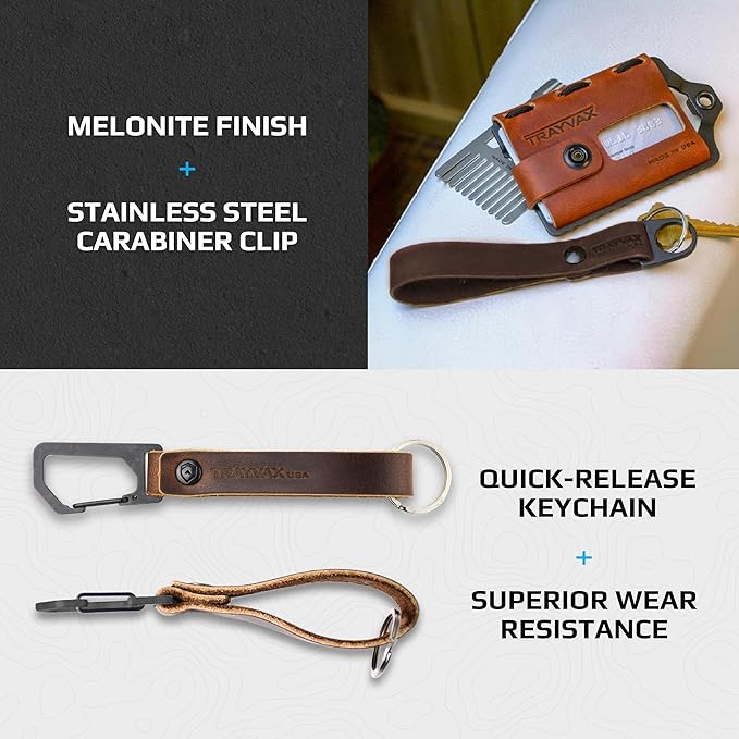 Trayvax Keyton Leather Keychain, Quick Release Carabiner Clip Key Chain for Men and Women, Stainless Steel
