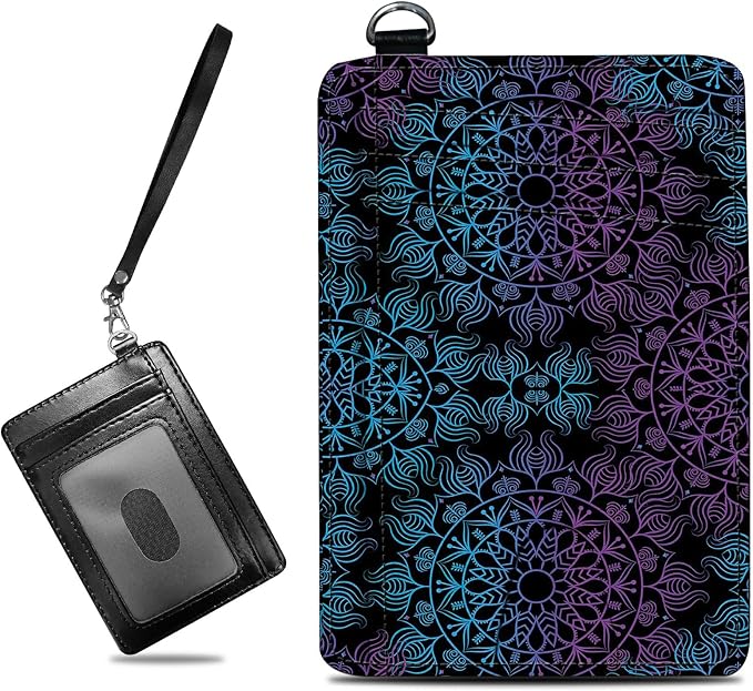 Small Travel Wallets, Purple Blue Mandala Slim Minimalist Front Pocket Wallet with Wristlet, RFID Blocking PU Leather Credit Card Holder with ID Window Change Purse for Men Women