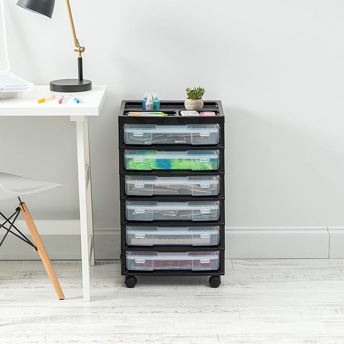IRIS USA Fits 12" x 12" Paper, 6-Tier Scrapbook Rolling Storage Cart with Organizer for Stationery Vinyl Tools Office Art and Craft Supplies, Yarn, 6 Clear Cases w/Built in Handle - Black/Clear