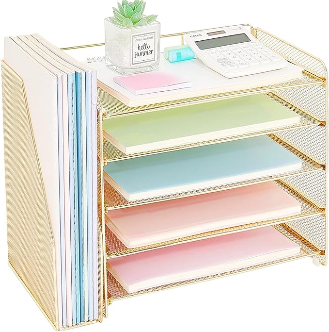 OPNICE Desk Organizer, 5-Tier Paper Organizer Letter Tray with Magazine Holder, Office Desk Accessories & Workspace Organizers, Desktop File Organizer for Office Supplies Storage, Gold