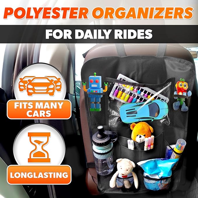 2 Pcs Backseat Car Organizer - Travel-Ready 23.4x16" Back Seat Car Organizer with 9 Large Pockets & Clear Tablet Holder, Made of Reliable Polyester with Long and Strong Straps - Easy to Attach & Clean