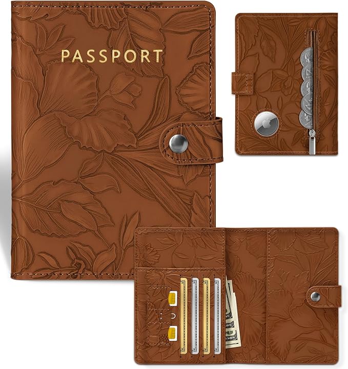 Slohif Floral Embossed Passport Wallet - Elegant Passport Wallet with AirTag Holder & RFID Blocking Slim Vegan Leather Passport Cover with Money Pocket and Card Slots Rust Brown