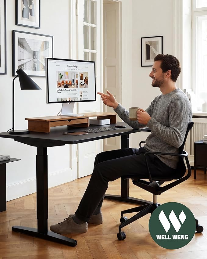 Bamboo Monitor Stand with Large Storage Drawer, 42 Inch Ergonomic Computer Riser for Desk, Screen Shelf with 5 Compartments for Keyboard & Stationery Organization Keyboard Storage,Dark Bamboo