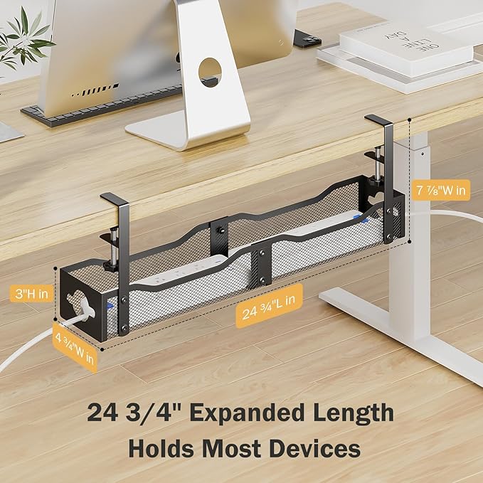 DELAMU 25'' Upgraded Under Desk Cable Management, No Dill Standing Desk Cord Management with Adjustable F-Clamp, Metal Desk Cable Organizer to Under Desk Organizer for Home Office, Black