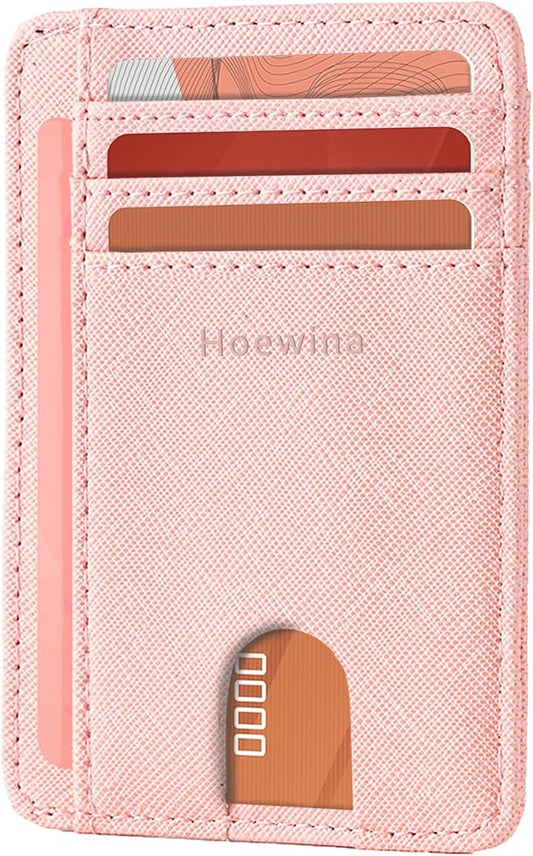 Hoewina Slim Wallet for Men, Credit Card Holder Wallet, Minimalist Design - RFID Blocking Front Pocket Leather Thin Wallet for Men and Women（Cross Peach Powder）