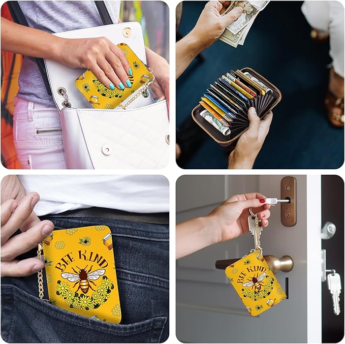 Credit Card Holder RFID Wallet, Small Card Holder Wallet for Women with Keychain Zipper, Funny Leather Print Credit Card Wallets Accordion Gift