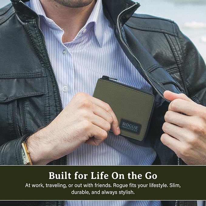 ROGUE WALLET Interior Genuine Leather Wallets for Men - RFID Blocking Robust Outer Nylon Wallets - Full Cash Slot and Expandable Coin Pouch - Gift for Men (Khaki)