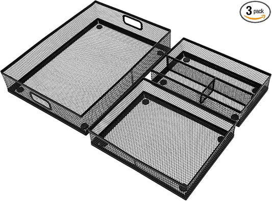 Noamus 3 Pack Office Drawer Organizer, Desk Drawer Divider Tray, Metal Mesh Desktop Basket, 6 Compartments Pen Storage Box for Makeup, Stationery, Office Supplies & Accessories, Kitchen(Black,3 Size)