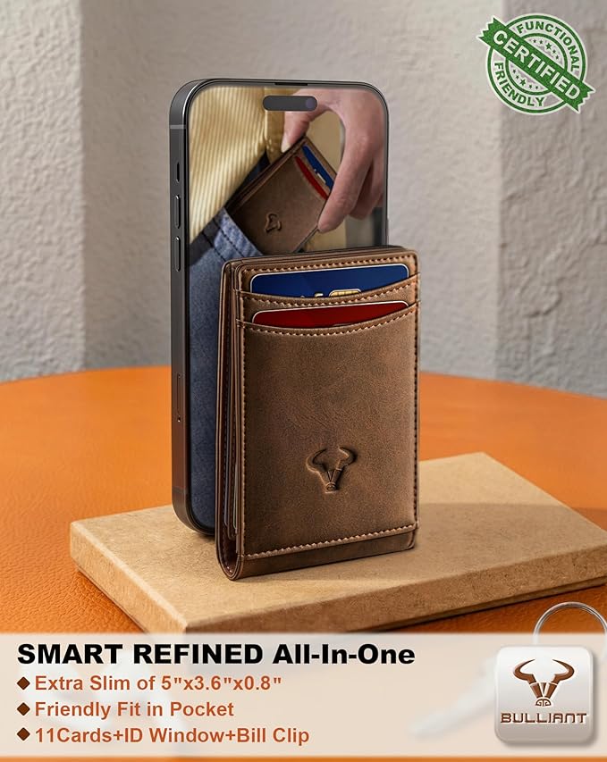 BULLIANT Men Wallet,Magnetic Slim Wallet 10 cards Build-in Bill Folder ID Windows RFID Blocking