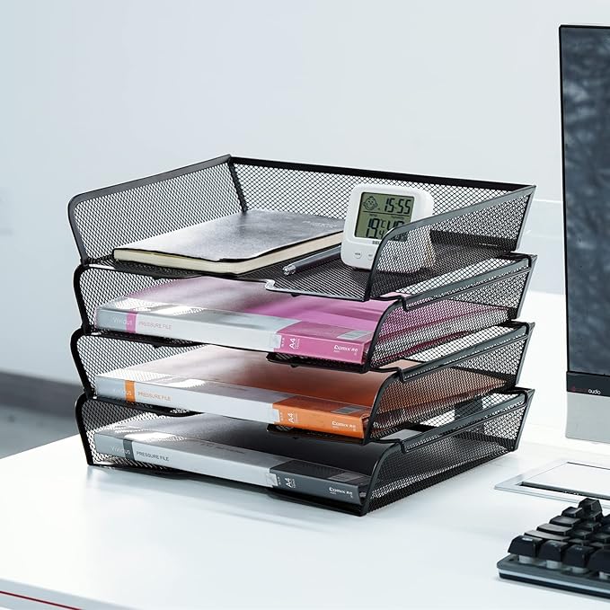 4 Tier Mesh Stackable File Trays Letter Trays,Office Paper Organizer for Desk,File Organizers and Storage,Black