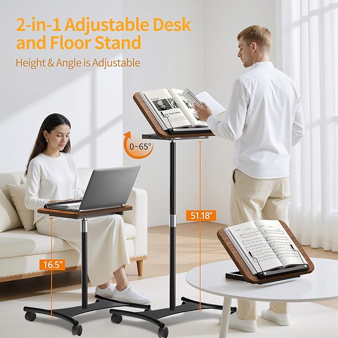 Rolling Laptop Floor Stand, Dual-Purpose for Desk & Floor, Adjustable Height from 16.5" to 51", with 4 Lockable Casters & Book Page Clips, Portable Laptop Stand (Walnut Finishing)