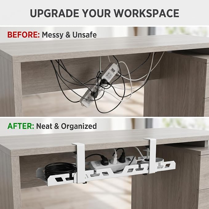 Under Desk Cable Management Tray 15.4-26 Inches Bidirectional Extendable Metal Cable Organizer with Clamp Mount, No Drill Wire Management System for Home Office & Gaming Desk(Light Gray)