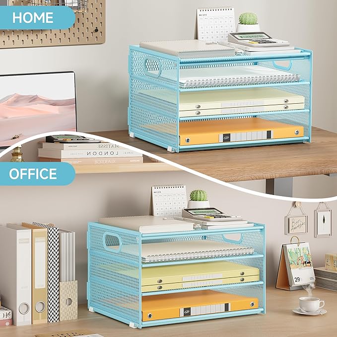 Subekyu Paper Letter Tray Organizer for Desk, Blue Metal Mesh Desk File Sorter Organizer with Handle and 2 Sliding Trays for Home Office School Supplies Organization