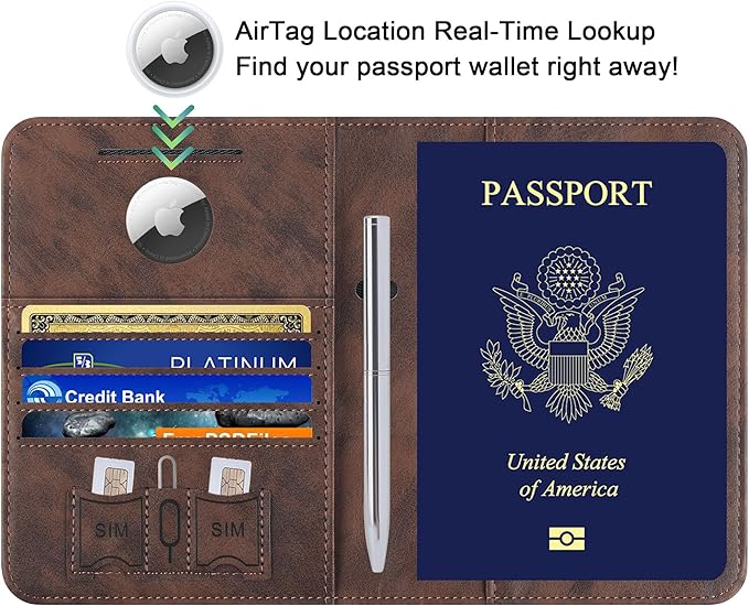 Airtag Passport Holder for Travel Essentials Wallet Rfid Blocking Cover Leather Case Vacation Travel Accessories for Women Men (601#Coffee)
