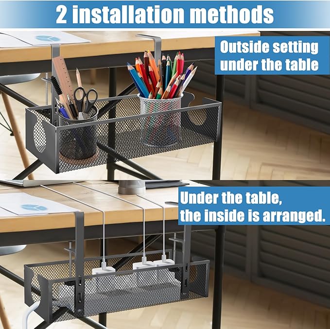 Under Desk Cable Management Tray, No Drill Steel Cord Organizer Kit with 52Pcs Different Essential Accessories for Home Office Standing Desk (13.4inch, Black)