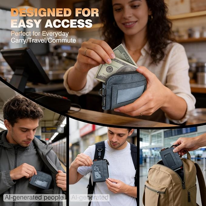 Coin Purse for Men, RFID Blocking 500D Nylon Small Wallet with Key Clip, Slim Front Pocket Card Holder, Zipper Coin Pouch & ID Window Organizer for Cards, Cash