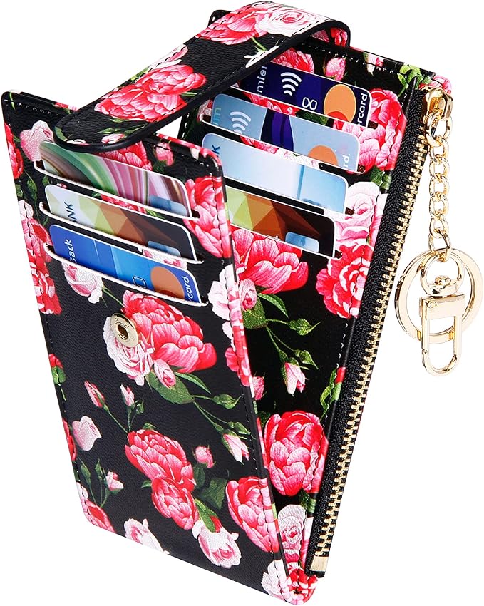Badiya Slim Women Wallet RFID Blocking Bifold Compact 9 Card Slots Holder Wallets Soft Leather with Zipper Coin Pocket 2 ID Window