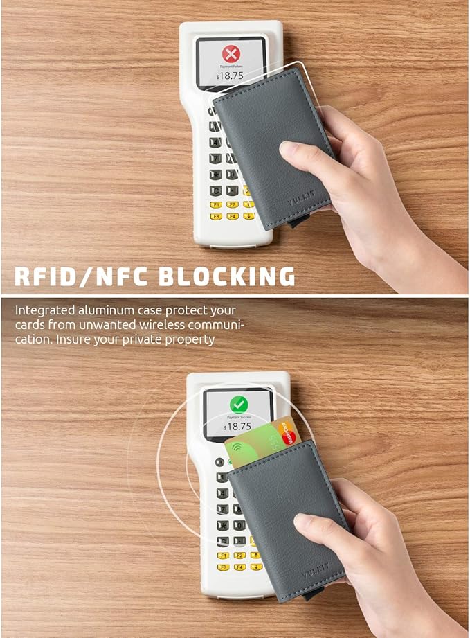 VULKIT Credit Card Holder RFID Blocking Leather Automatic Pop Up Wallet Aluminum Pocket Business Card Case