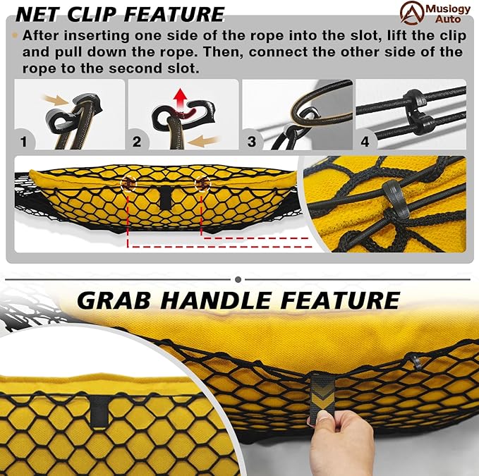 Muslogy Truck Bed Cargo Net Trunk Netting Compatible with 2024-2026 GMC Acadia | Chevy Traverse | 2025+ Buick Enclave Accessories, Pickup Cargo Organizer SUV Sedan Storage Net w/Heavy Duty Carabiners