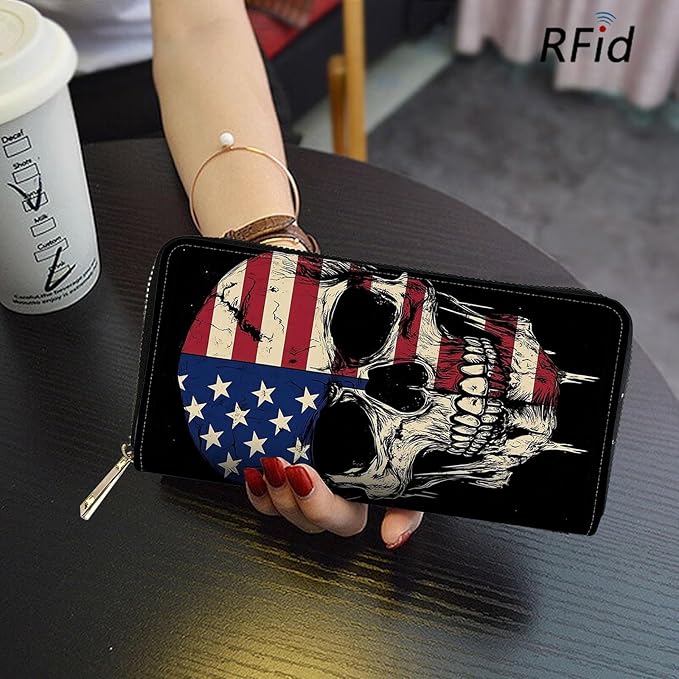 RFID Blocking Leather Wallet for Women – Large Capacity Zip Around Clutch with 8 Card Slots,39 Cash Pockets & Coin Zipper,Skull American Flag