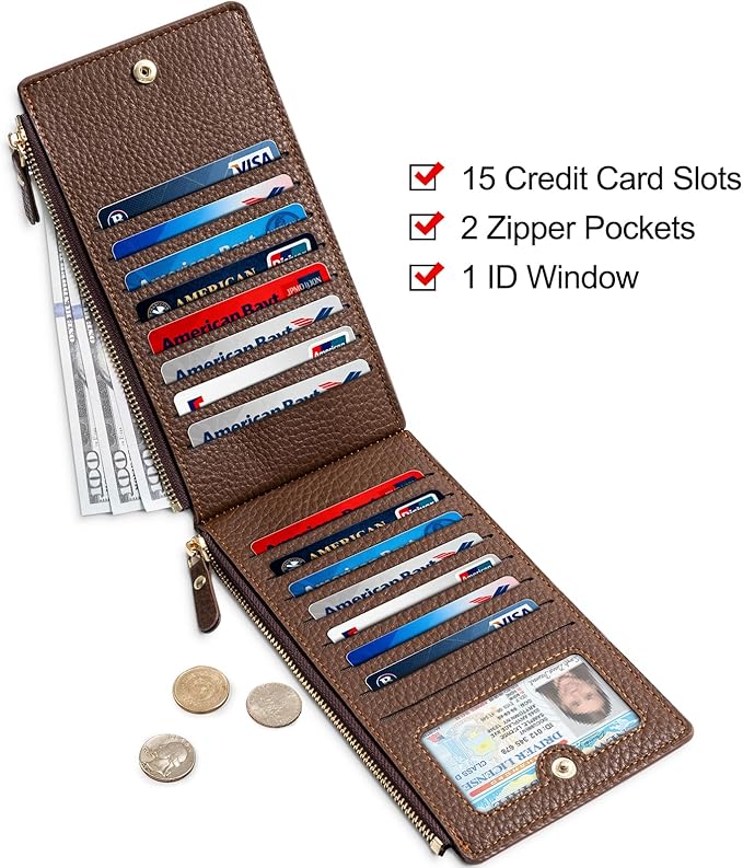 Wallet Women - Slim Bifold RFID Blocking Wallet Leather Ladies Multi Card Holder Wallet with 2 Zipper Pocket (Brown)