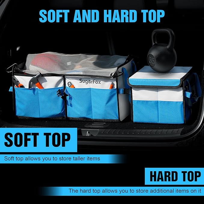 SugarFox Car Trunk Organizer for SUV - 63L+26L Modular Storage, Heavy-Duty, Foldable Waterproof, Soft & Hard Covers, Non-Slip, Multi-Compartment, Blue M006