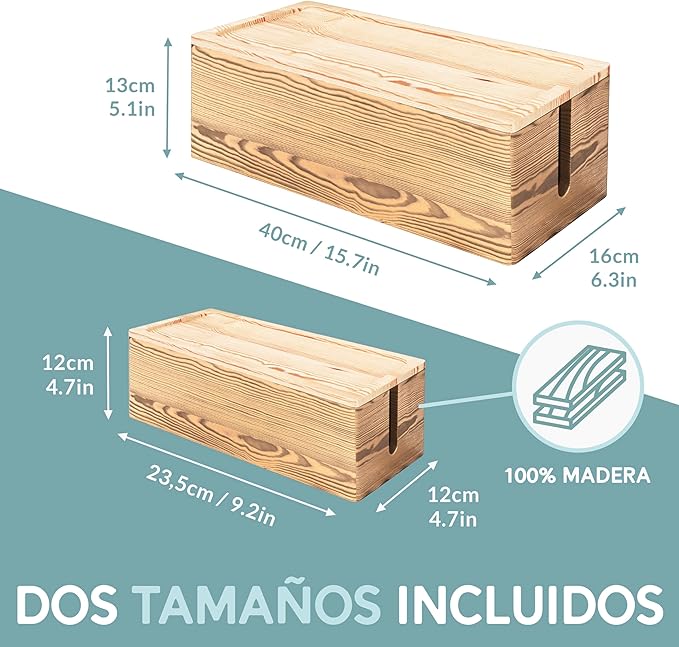 NATURE SUPPLIES Set of 2 Wooden Cable Management Boxes, Large and Medium Cord Organizer to Hide Wires and Power Strips for TV, Desk, Computer, Cable Storage and Organization, Dark Brown