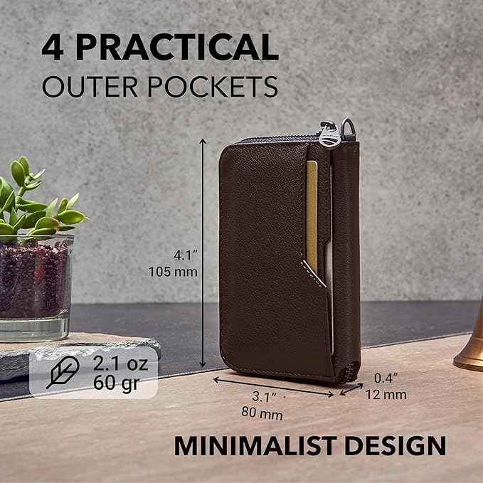 Vaultskin NOTTING HILL Minimalist Leather Zipper Wallet for Women and Men: Slim Multi Cardholder with RFID Blocking and Keychain Ring