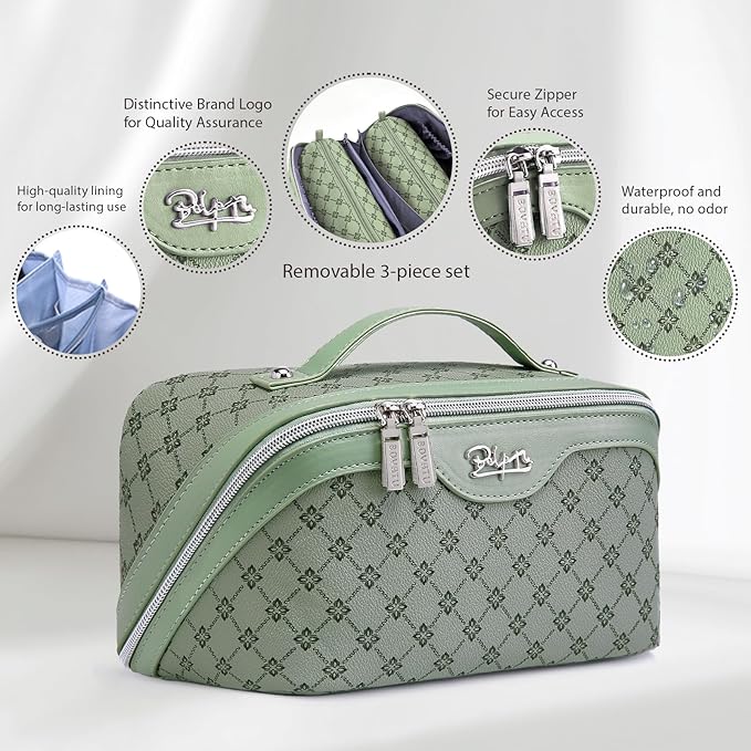 BOYATU Travel Makeup Bag Cosmetic Bags for Women: 3 Pcs Set Large Capacity Make up Bag with Handle - Vegan Leather Toiletry Bags with Compartments - Makeup Organizer for Travel Essentials(A-5-Green)