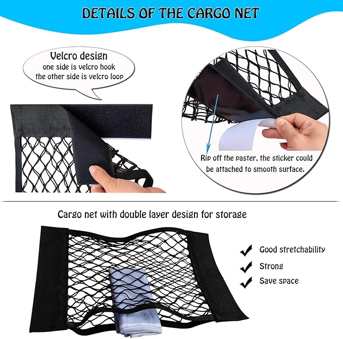 4Pack Automotive Cargo Net Car Storage Wall Sticker Organizer Pouch Bag Elastic Mesh Pocket with Tape Stickers for Trunk Organizer Holder for Cabinet Organize 4PCS (Same Size)