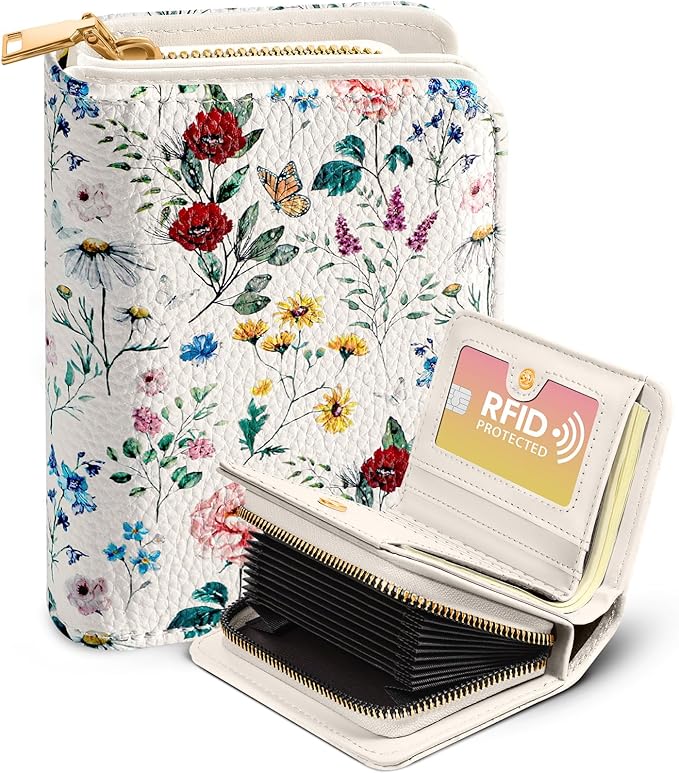 Bistup Credit Card Holder Wallet for Women Cute Leather Ladies Teen Girls Female Cardholder Wallets Accordion Purse Small Medium Aesthetic Print Flower Floral Modern Design Rfid Zipper Around