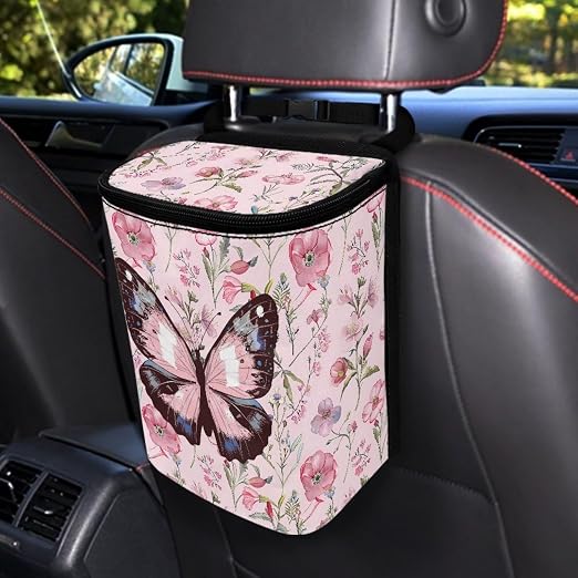 Biyejit Pink Butterfly Floral Car Trash Can with Lid Collapsible Reusable Waterproof Car Garage Bag, Automotive Garbage Can, Car Accessories Interior Car Organizer with Adjustable Straps
