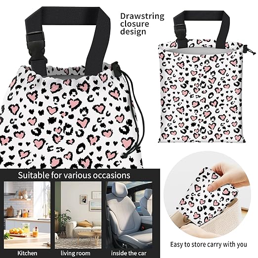 Car Trash Bag Large Hanging Can for Back of Seat, Cute Waterproof Car Garbage Bag for Vehicle, Travelling, Outdoor Pink Leopard Heart