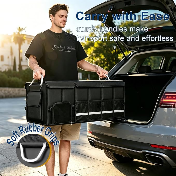 Car trunk organizer, Collapsible Multi-Compartments Car trunk Organizer with Shoes Storage Space, Reflective Strip, Perfect for Car & SUV (34.5 * 13.8 * 11.8 INCH)