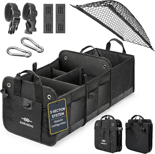 3-Section Car Trunk Organizer XL – Large Modular Auto Storage Bin, Foldable Multi-Compartment Cargo Organizer for Car Trunk, Heavy Duty 1680D Design – Black