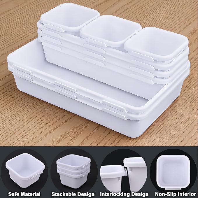 QUELIEN Desk Drawer Organizer Tray Set, 16PCS Plastic Drawer Organizer Bins for Office, Makeup, Kitchen - White Desk Organizer with Flexible Interlocking Design for Efficient (White, 16PCS)