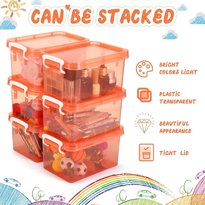 Wenqik 6 Pack Colorful Plastic Storage Bins with Lids 4 Quart Small Storage Latch Box Stackable and Nestable Clear Organizer Bins with Latching Handle and Buckle for Organizing(Orange)